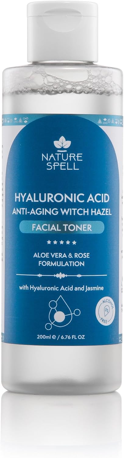Nature Spell Witch Hazel Facial Toner with Hyaluronic Acid, 200ml, Aloe Vera & Rose Water, Alcohol-Free Formula for All Skin Types, Made in The UK
