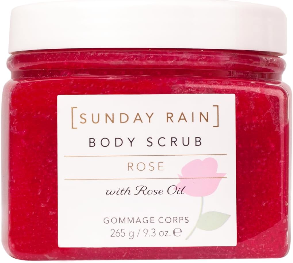 Sunday Rain Polishing Body Scrub for Dry Skin, Infused with Soothing Rose Oil, Fresh Rose Petal Scent, Vegan and Cruelty-Free, 265g
