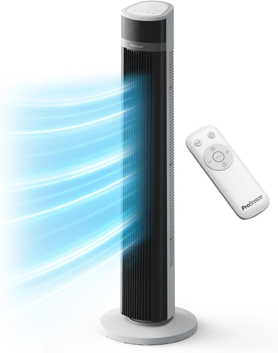 Pro Breeze Bladeless Tower Fan Quiet & Portable with Remote Control, 90° Oscillation, 15h Timer, 4 Modes, 3 Speeds - Powerful Electric 45W Motor Standing Air Circulator for Bedroom & Office