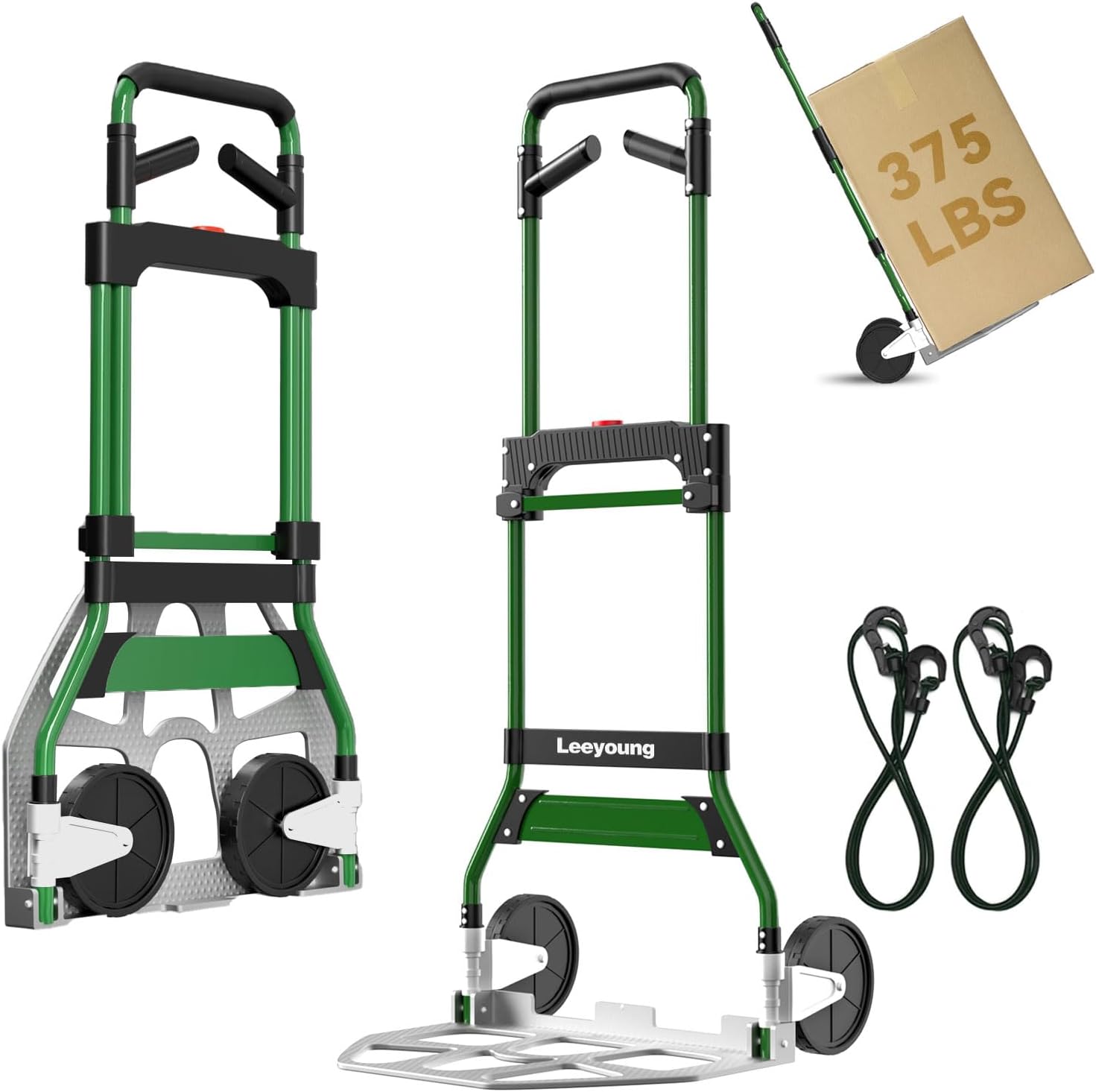 LEEYOUNG Upgraded Folding Hand Truck Dolly Cart Heavy-Duty 375lb，Aluminum Wheel Bracket & Portable Aluminum Dolly Cart, Indoor/Outdoor Use