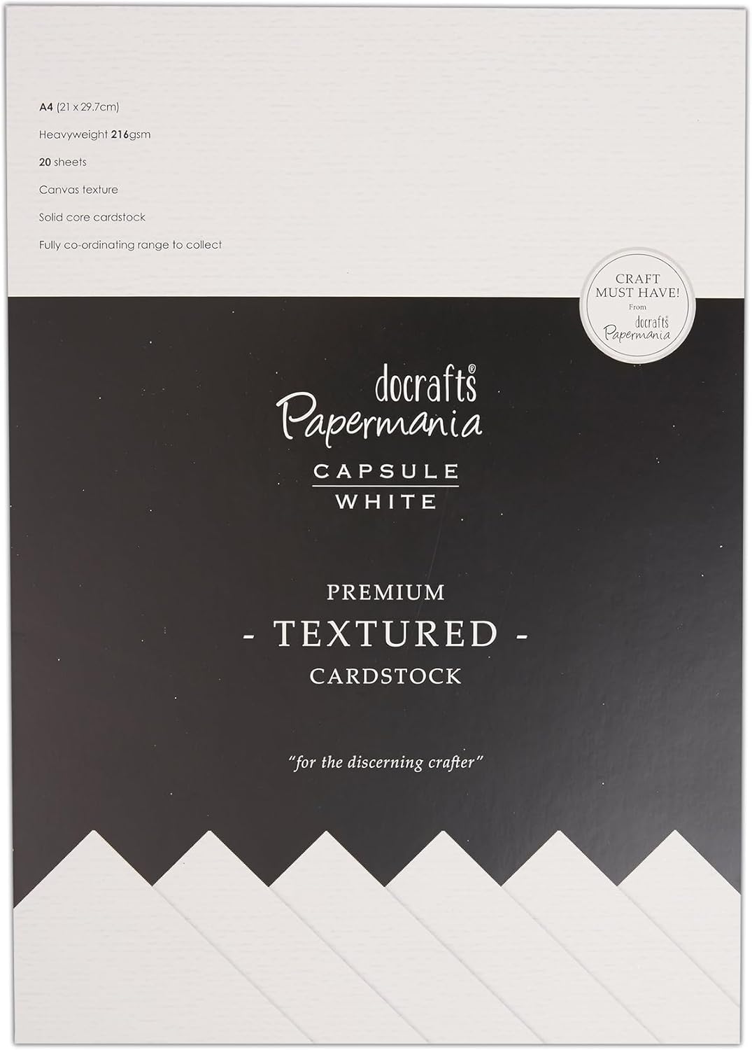 Papermania Premium Cardstock Canvas Textured, 20 Sheets, White, A4 (21 x 29.7cm), 216gsm, Coloured Card for Craft Projects, Scrapbook Supplies, Art & Craft Supplies