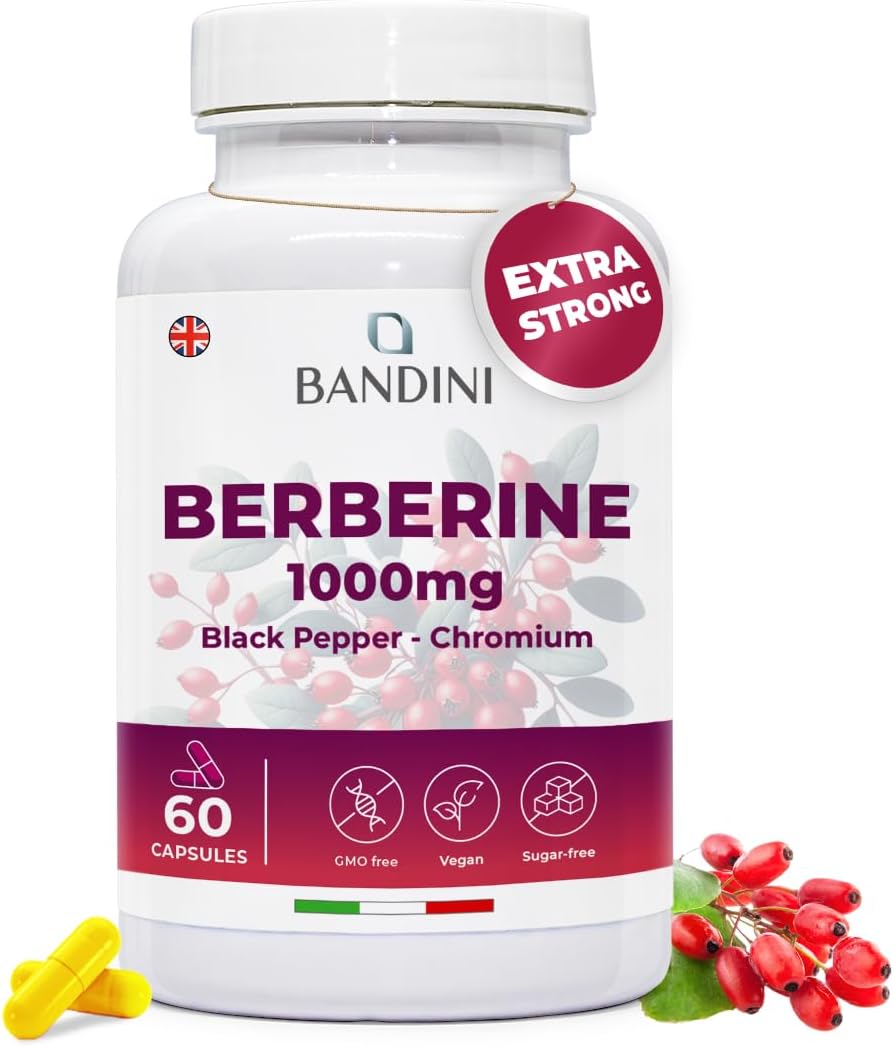 Bandini® Berberine 1000mg Pure high Dosage | Pure Berberin HCl from Berberis Aristata 97% + Chromium and Black Pepper | Maximum Absorption | Digestive, Liver, intestinal Function | 60 Vegan Capsules