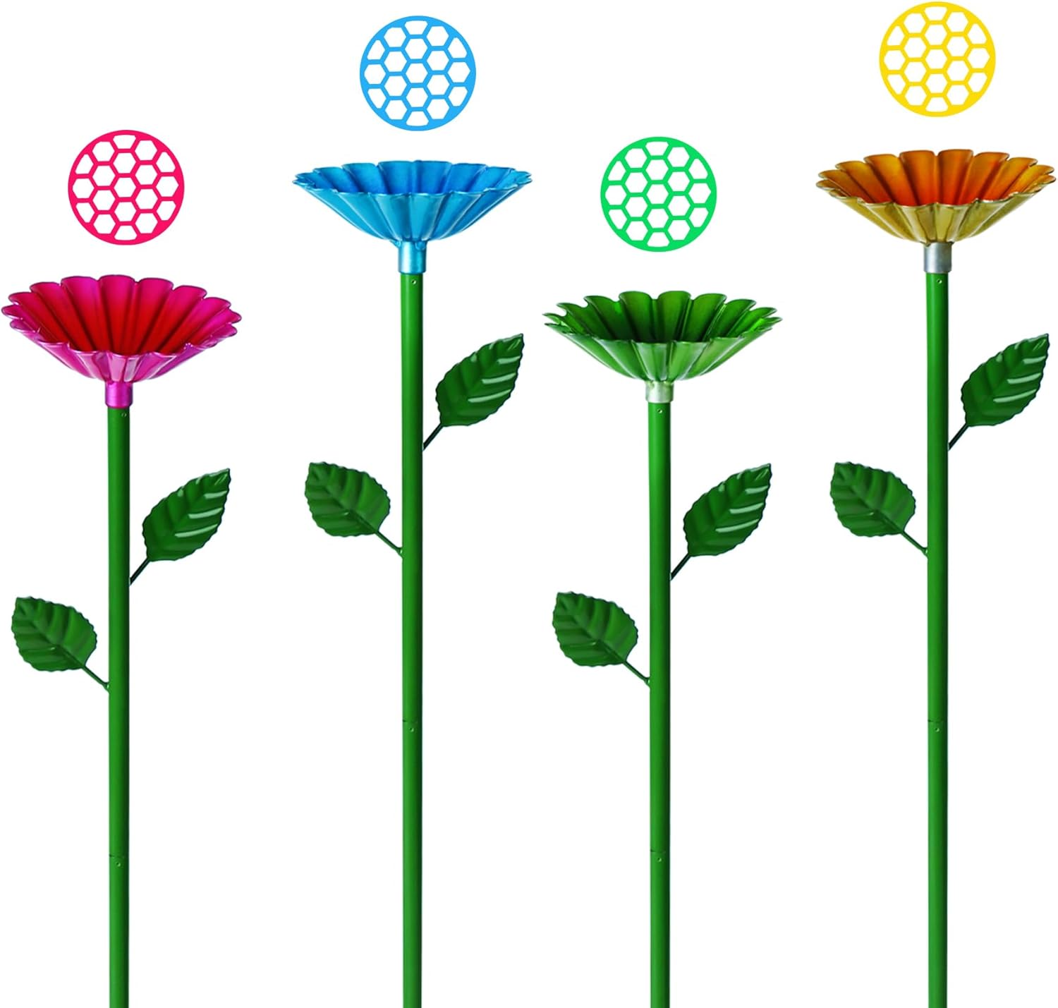 4 Pack Bee Watering Station for Garden Bee Drinking Station with Bee Island, Colorful Metal Bee Feeder Cups Butterfly Bee Bath Bowl with Flower Design for Thirsty Pollinators (Red,Blue,Green,Yellow)