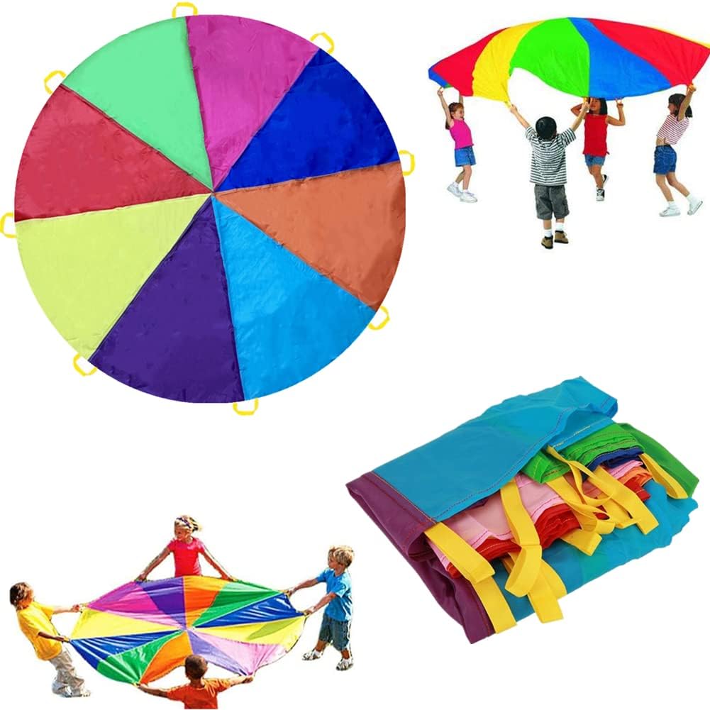 Dimoxii 6.5 FT/13.1 FT Rainbow Parachute with 8 Handles/20 Handles, Gymnastics Play Circus Games for Kids, School Playground Outdoor Activities, Indoor Sports Equipment