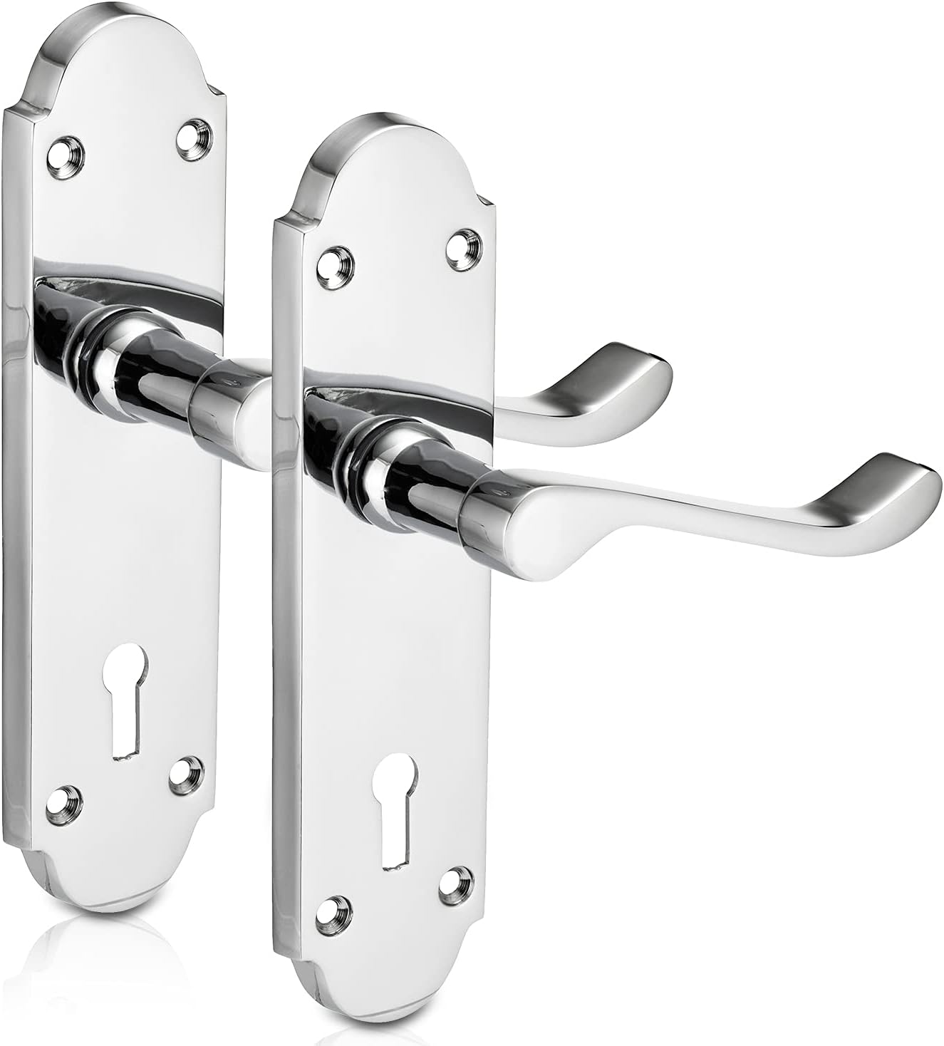XFORT® Richmond Lever Lock Scroll Chrome Door Handles, Elegant Door Handle Set, Epsom Shaped on Long Backplate, Ideal for All Types of Internal Wooden Doors That Require Key Locking Security [1 Pair]