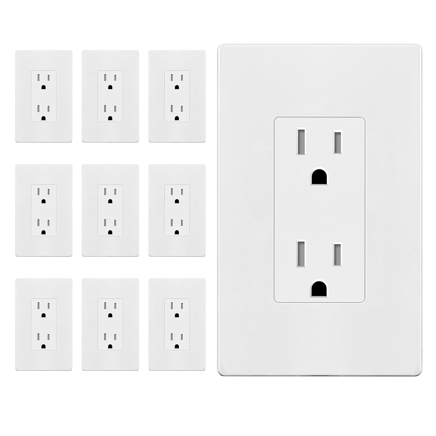 ENERLITES 10 Pack White Decorator Receptacle with Screwless Wall Plate, Standard Electrical Wall Outlet, 15A 125V, Self-Grounding, 2-Pole, 3-Wire, 5-15R, UL Listed, 61502-TR-WSID, Tamper Resistant
