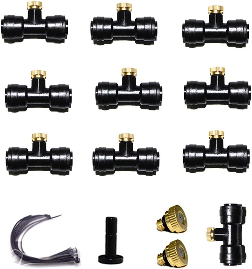 Water Brass Misting Nozzle,Outdoor 1/4" Slip-Lok Mist System Nozzle, Greenhouse Fan Misting Tee Kit for Cooling System (12Nozzle+10Seat)