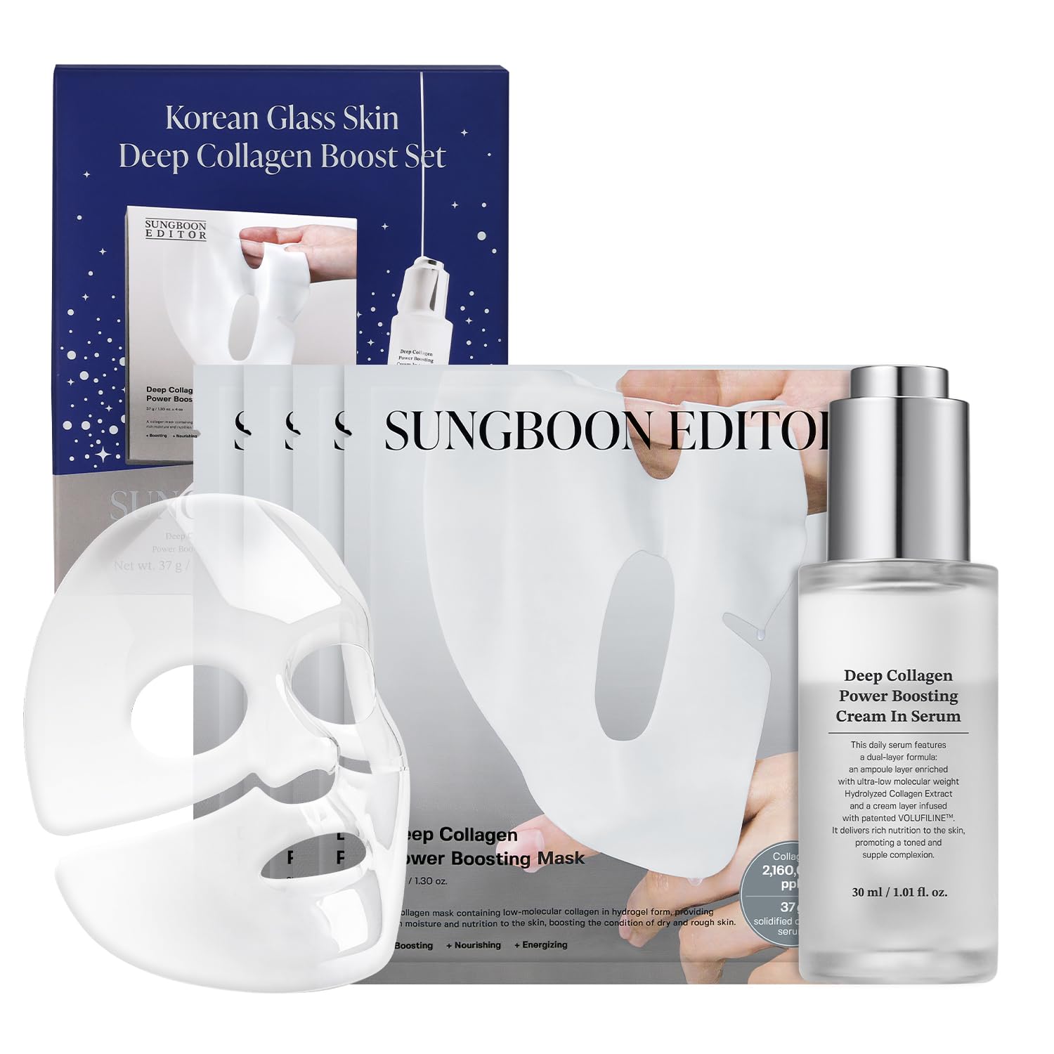 SUNGBOON EDITOR Deep Collagen Boost Set | Collagen Face Mask & Serum for Face, Real collagen 2,160,000ppb, Volufiline, Glass Skin, Skin Elasticity, Volumizing, Korean Skin Care, 37gx4ea & 1.01fl.oz