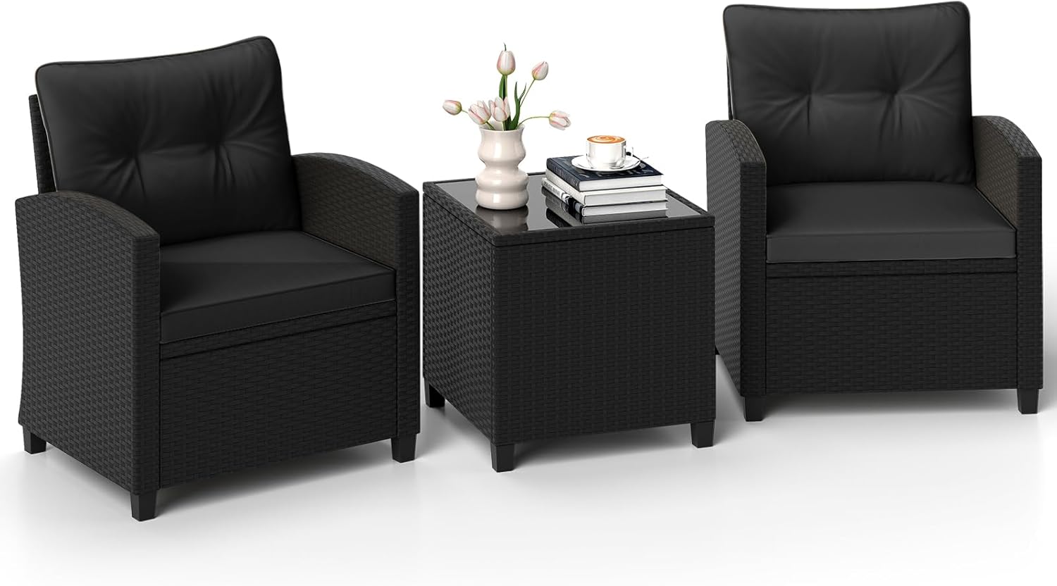 ORALNER 3 Pieces Patio Furniture Set, Wicker Conversation Set Outdoor Chairs with Cushions, Glass Coffee Table, Rattan Bistro Set for Front Porch Balcony Garden Deck Poolside (Black)