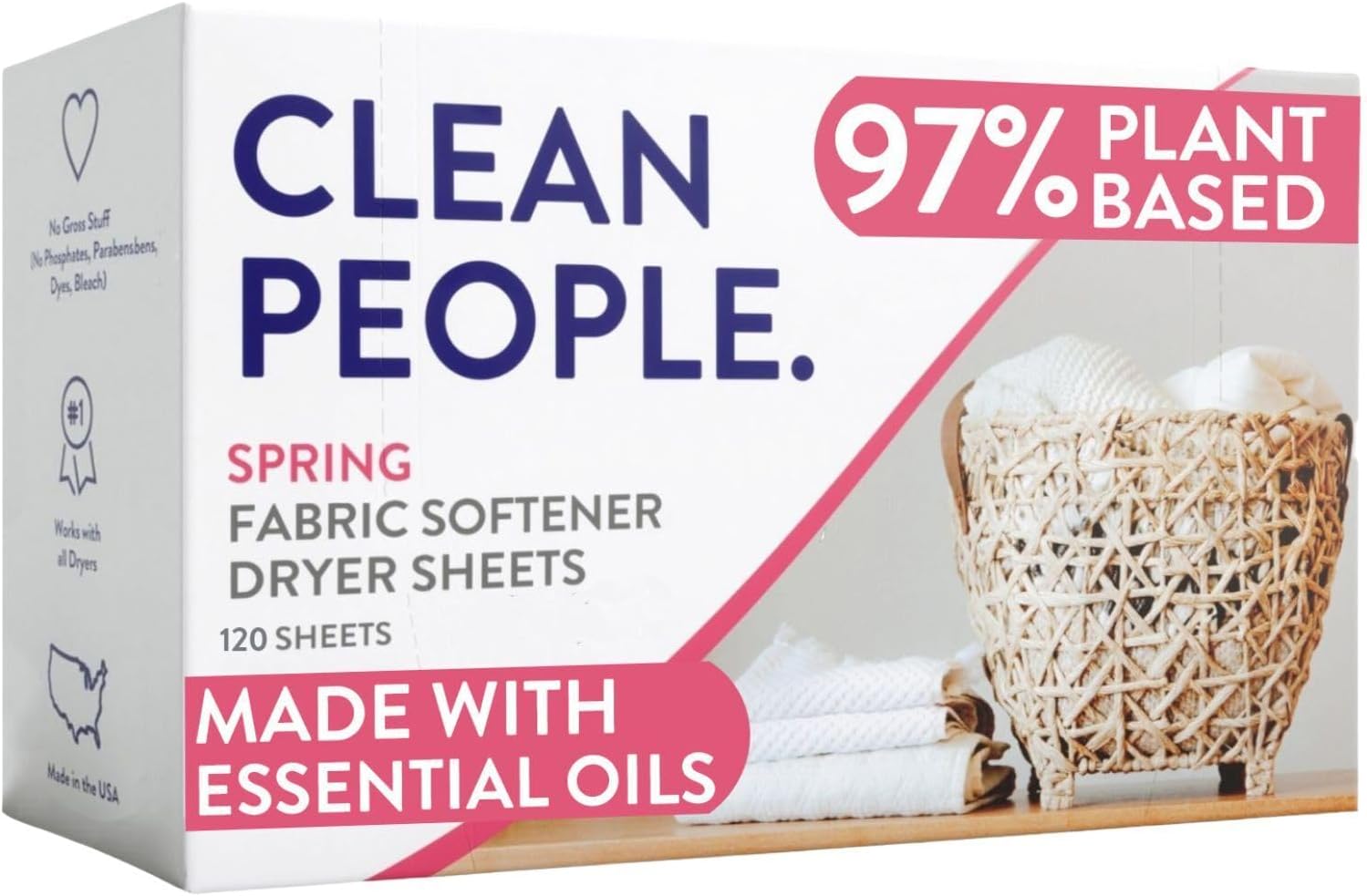 Clean People Fabric Softener Sheets - Plant-Based, Eco Friendly Dryer Sheets - Softens & Removes Static Cling - Vegan Laundry Softener With Essential Oils - Spring Scent, 120 Count