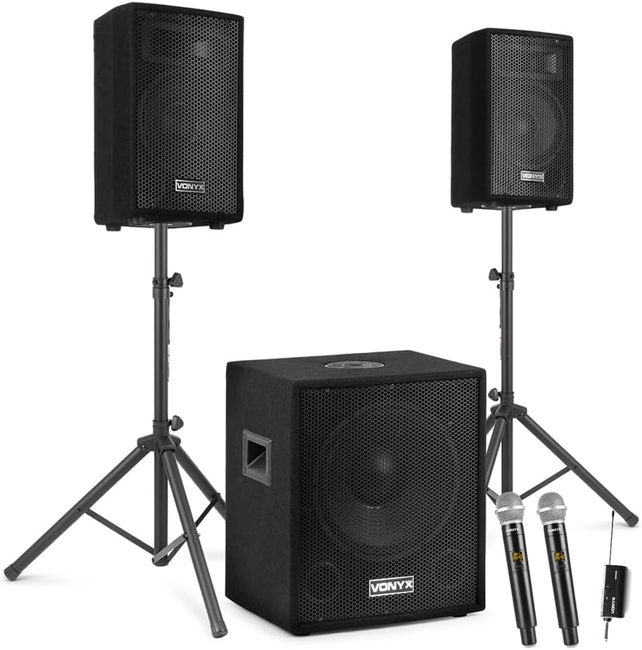 VONYX VX1015BT 2.1 PA System Package – Vocalist PA System for Singer with 15” Subwoofer, 2x 10” Speakers & Dual Wireless Microphone – Bluetooth, USB/SD MP3 Player, Speaker Stands & UHF Mics