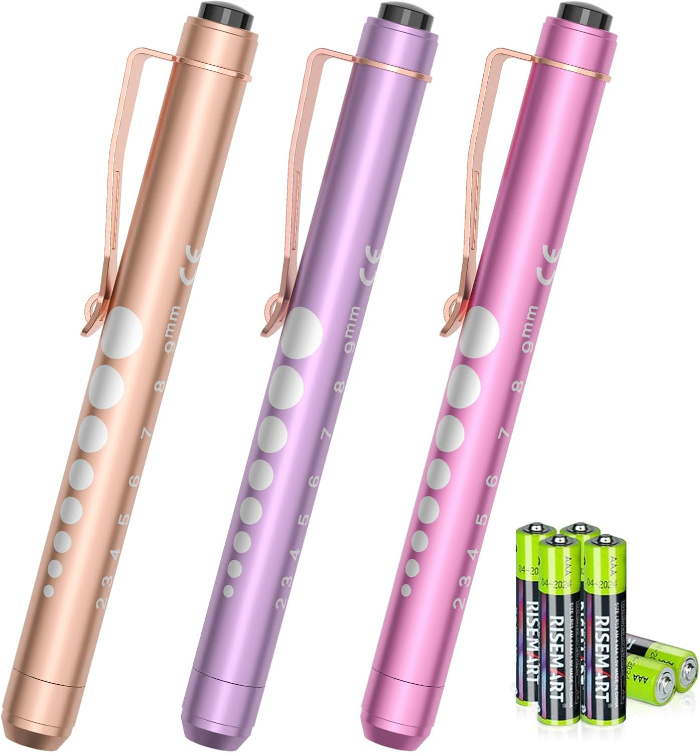 3 Pack Pen Lights for Nurses with 6 Batteries - Reusable Pen Light with Pupil Gauge and Ruler, Nurse Accessories for Work, Medical Penlights for Nursing Student Doctors EMT CNA (Purple+LP+Gold)