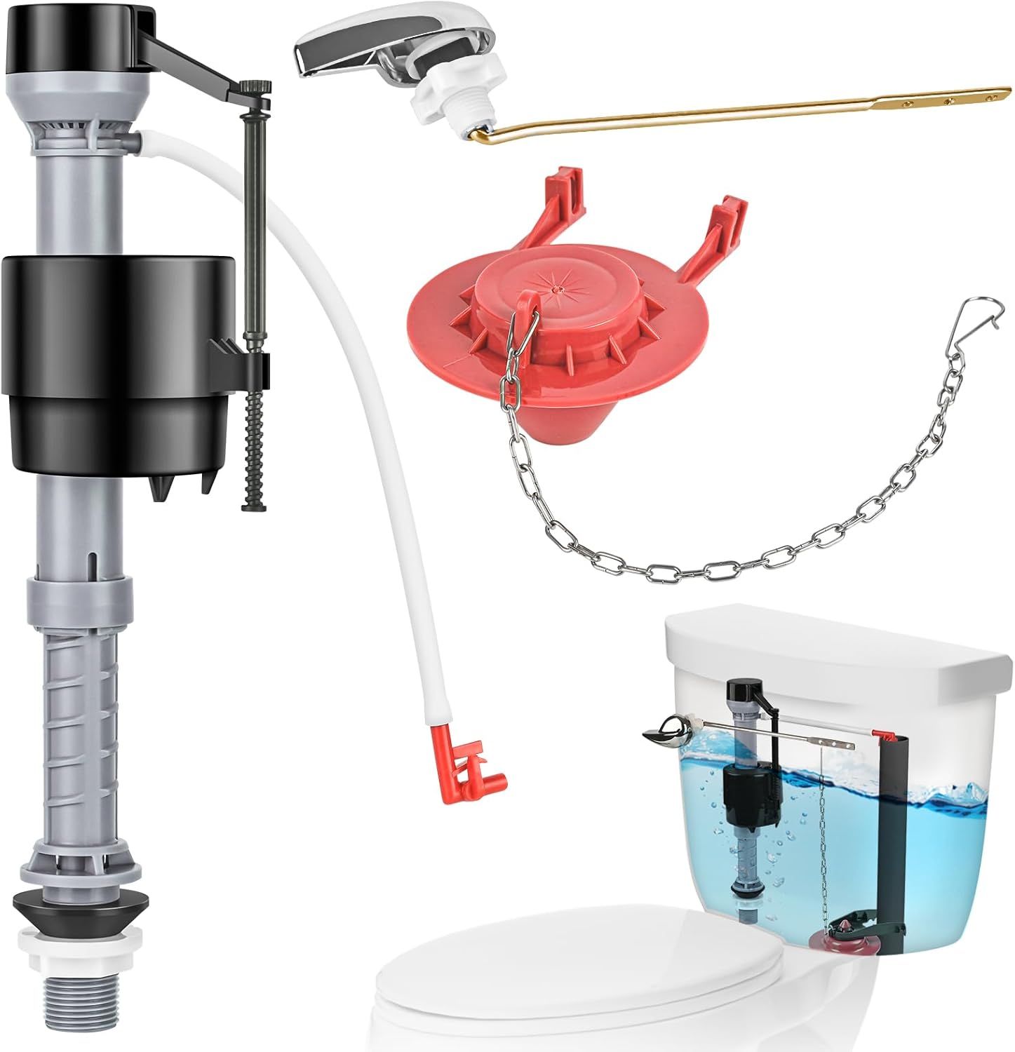 Universal Toilet Flusher Replacement Kit, Water-Saving & Height Adjustable Fill Valve, 2-Inch Flapper, Toilet Handle Lever, Quiet & Anti-Siphon Toilet Repair Kit Inside Tank (Red, 1-Pack)