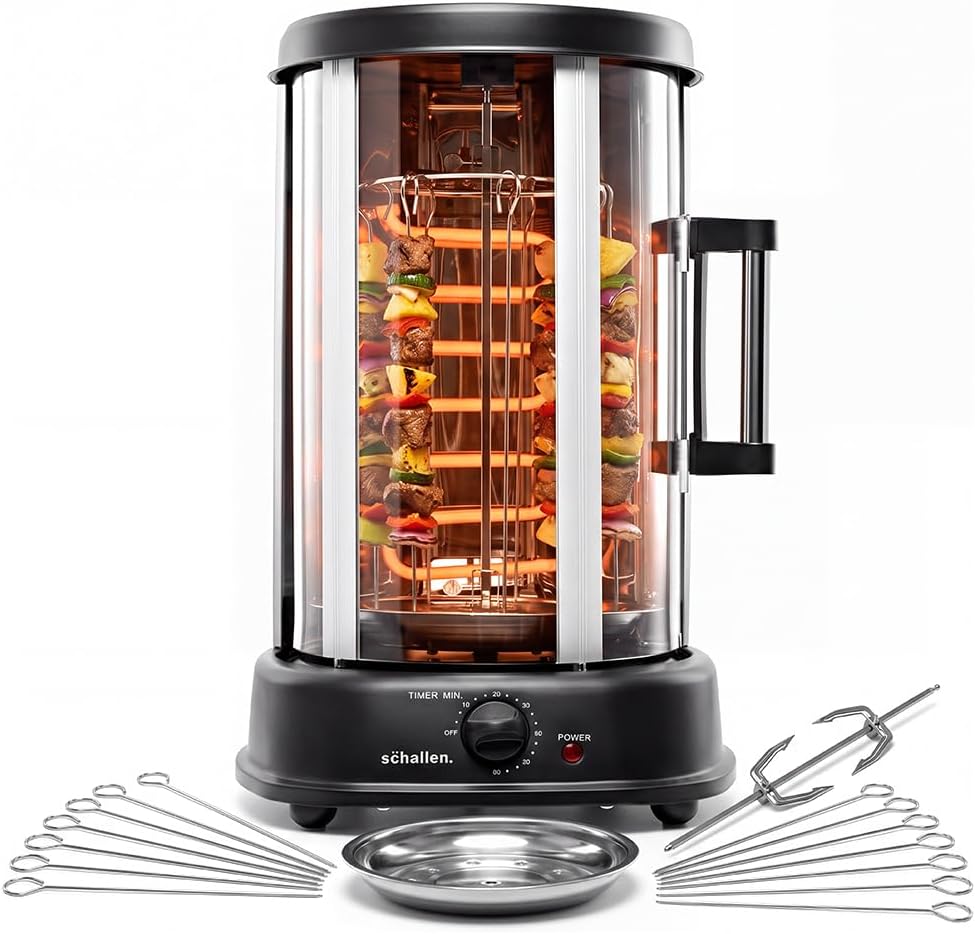 Schallen Electric 1500W Vertical Rotisserie Grill 21L – 360° Rotating Kebab Machine with 14 Skewers, Rotisserie Spit & Drip Tray for Doner Kebabs, Shawarma, Chicken & Roasts
