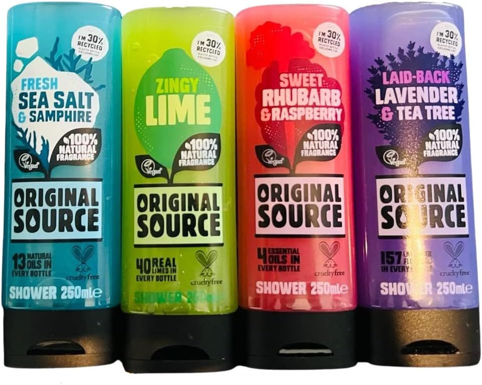 ORIGINAL SOURCE SHOWER GEL SET 4X250ML NEW FRAGRANCE FRESH SEA SALT & SAMPHIRE, ZINGY LIME, SWEET RHUBARB & RASPBERRY, LAID-BACK LAVENDER & TEA TREE BODY WASH TREE, COMBO PACK