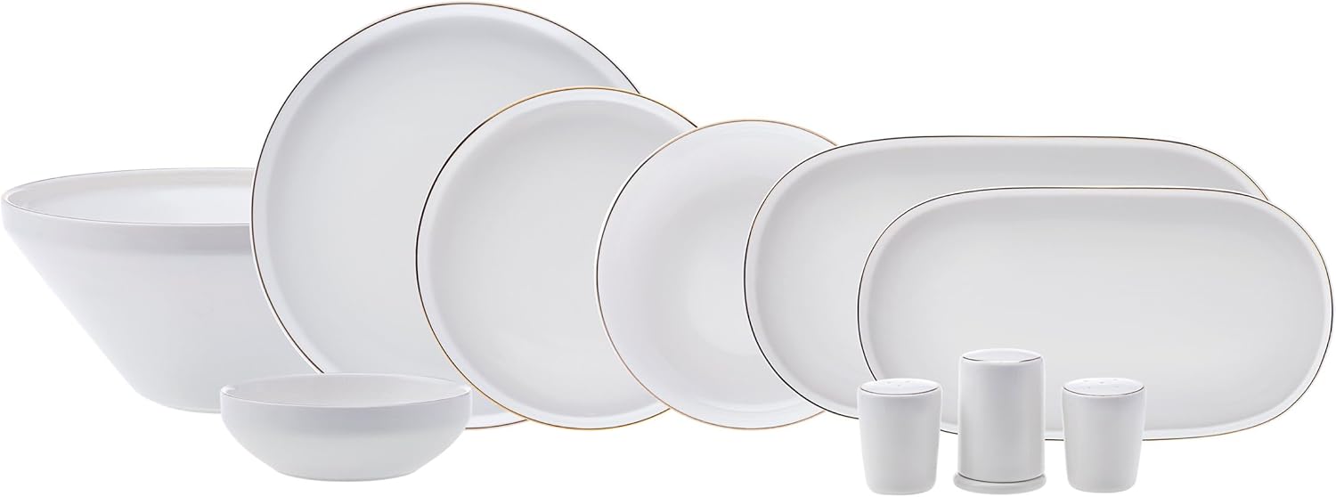 Karaca Streamline New Saturn 59-Piece Dinnerware Set for 12 People,New Generation Bone, Dinner Plates, Pasta Bowls,Salad/Cereal Bowls,Side Plates, Serving Platters,Porcelain Crockery Set, White Gold