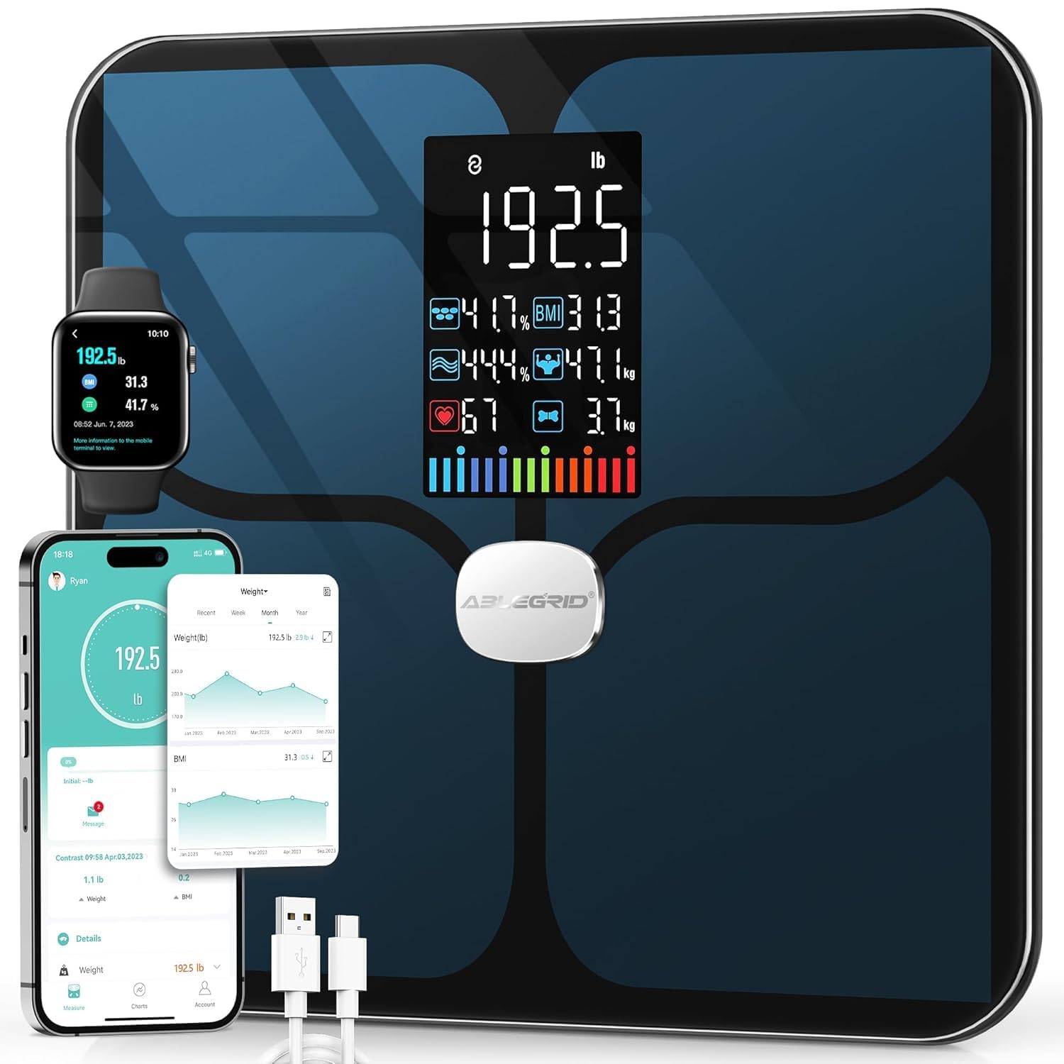 ABLEGRID Body Fat Scale,Digital Smart Bathroom Scale for Body Weight,Large Color Display Screen,16 Body Composition Metrics BMI,Water Weigh,Heart Rate,Baby Mode,400lb,Rechargeable