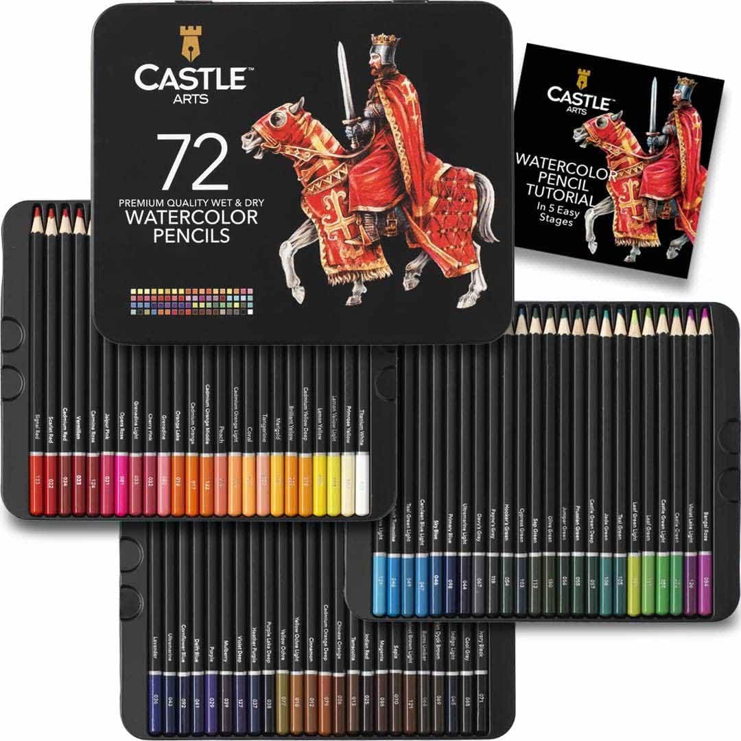 Castle Art Supplies Set of 72 Watercolour Pencils | Intense Pigments for Blending, Drawing and Painting | For Adults, Amateurs and Professionals | Protected in a Presentation Box