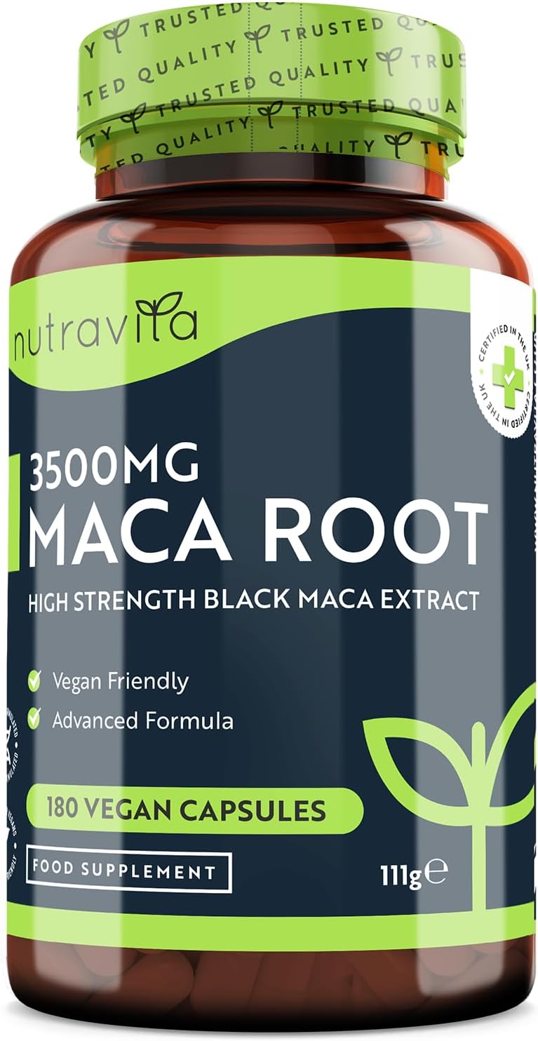 Maca Root Capsules 3500mg – 180 Vegan Capsules – High Strength Maca Root Extract – 6 Month Supply – Made in The UK by Nutravita