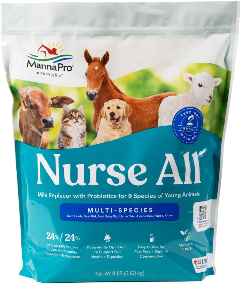 Manna Pro Nurse All Multi-Species Milk Replacer, Powered by Opti-Gut™ to Support Gut Health & Digestion, All-Milk Protein, Easy-To-Mix Formula, 8 Pounds