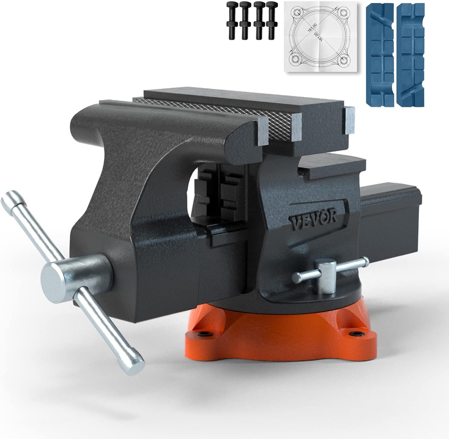 VEVOR Bench Vise, 6.5" Jaw Width 6.5" Forward &9.3" Reverse Opening, 360-Degree Swivel Locking Base Multipurpose Workbench w/Anvil, Heavy Duty Ductile Iron w/Bolts & Nuts, for Drilling, Pipe Cutting