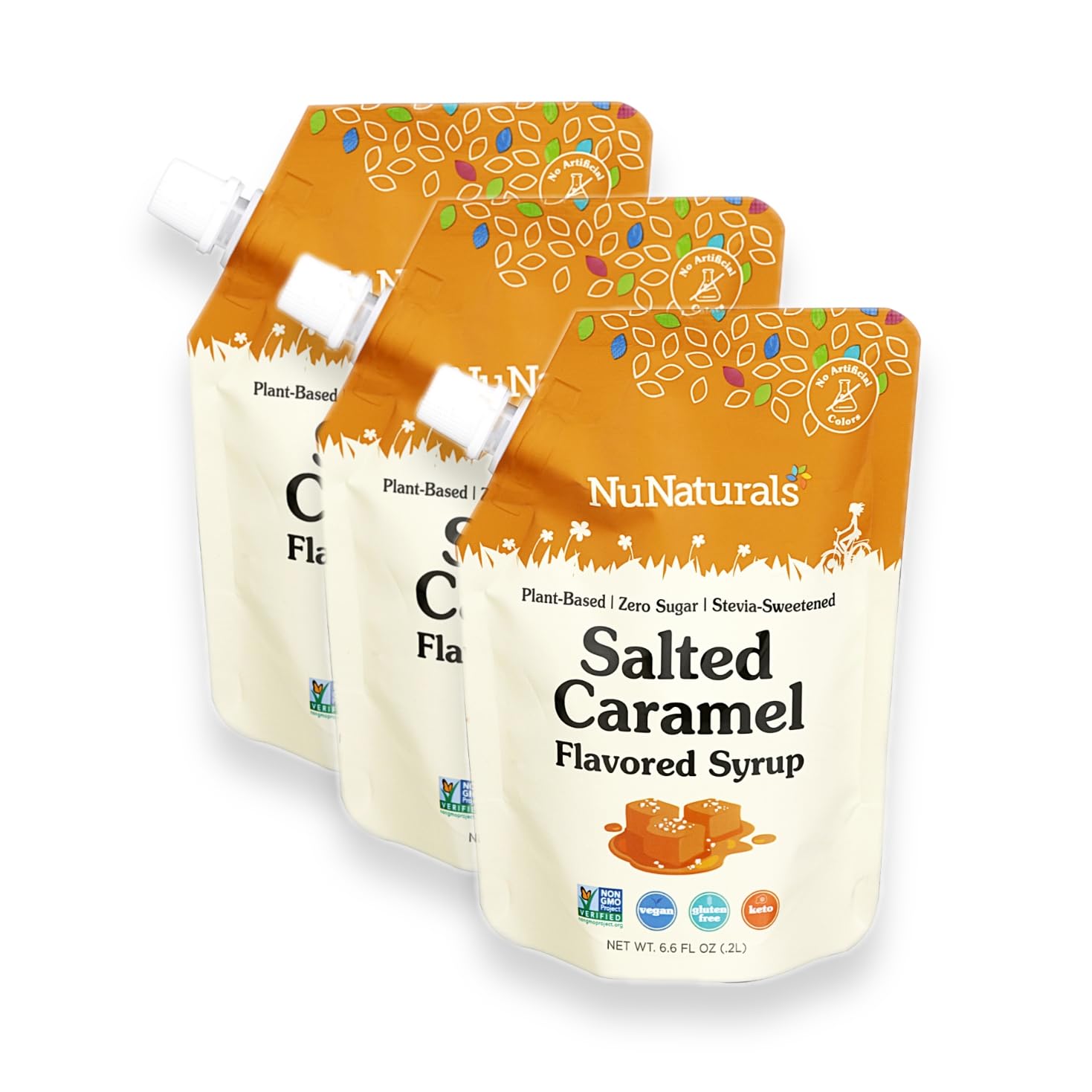 NuNaturals Stevia Syrup, Sugar-Free Sweetener, Plant-Based Sugar Substitute, Zero Calorie, Salted Caramel, 6.6 oz (3-Pack)