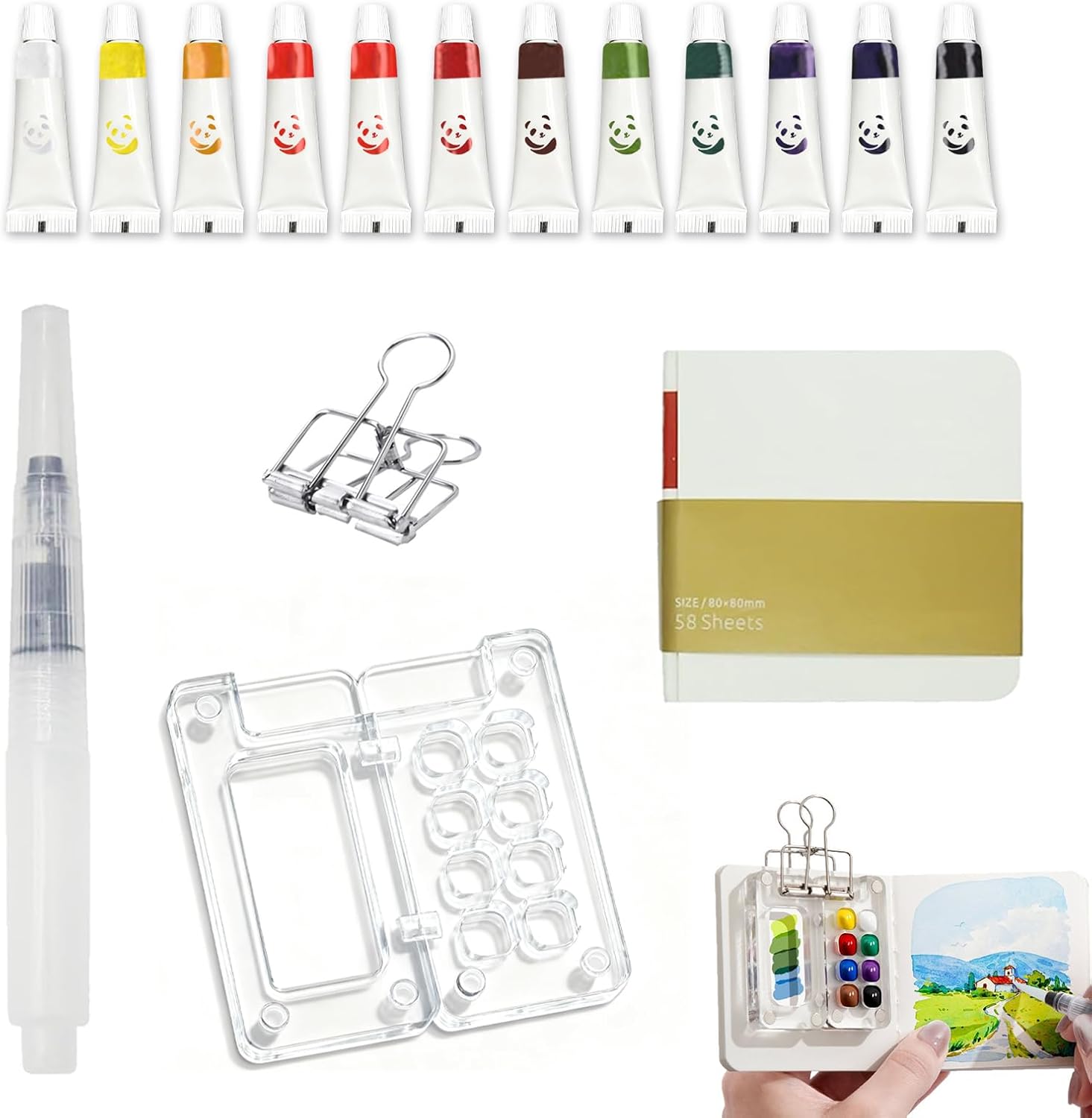 5 Pcs Pocket Artist Watercolour Travel Set, Mini Watercolor Paint Set Travel with 8 Grid Acrylic Palette, 12 Pigments, Water Brush, Metal Clip Sketchbook, Portable Painting Kit for Outdoor Sketching