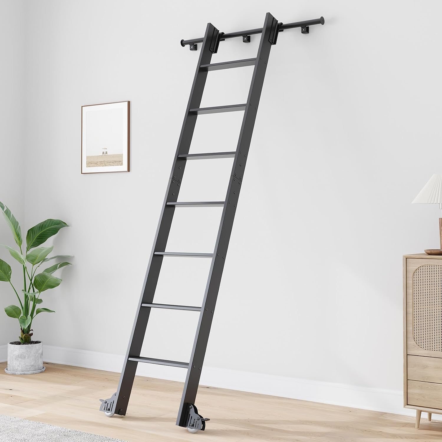 Fredbeck 8ft Rolling Library Ladders Black 96" with 4FT Sliding Track Kit