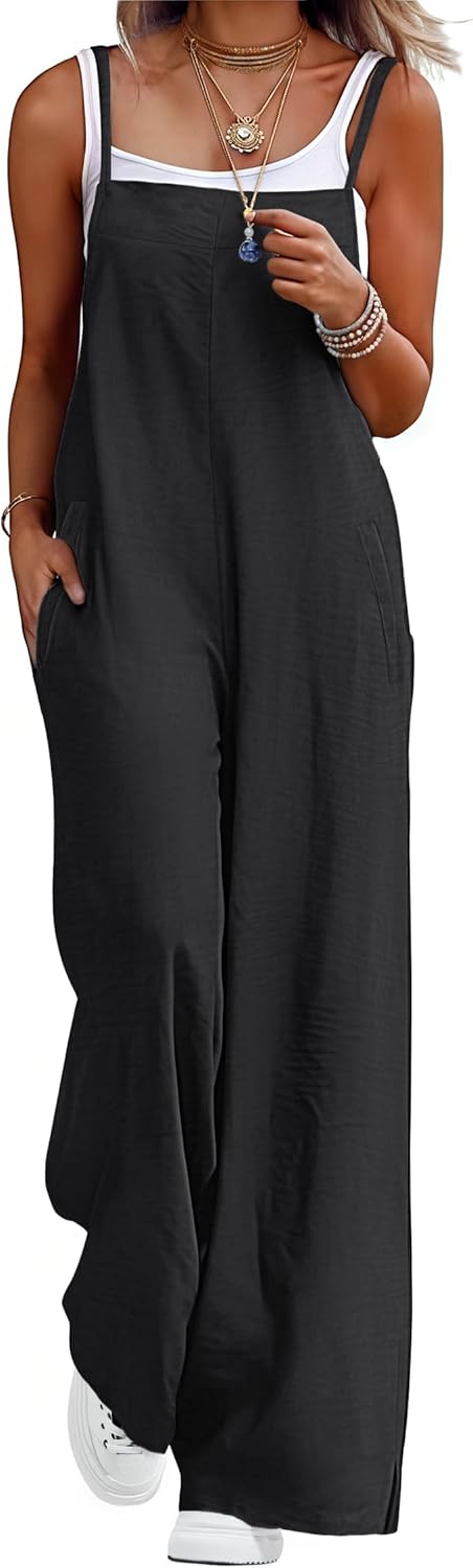 Lepunuo Womens Casual Loose Jumpsuits Summer Boho Wide Leg Rompers Sleeveless Overalls with Pockets