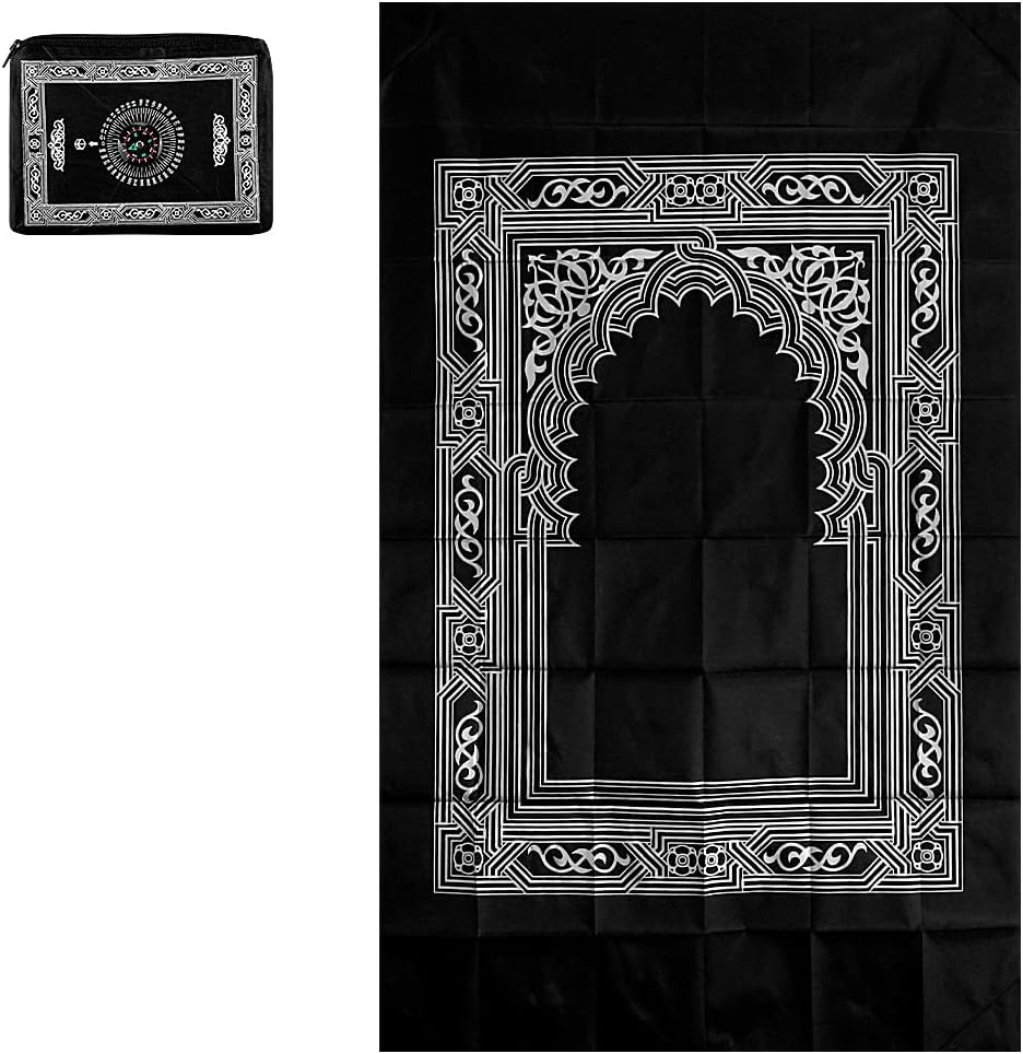 Travel Prayer Mat Rug, GLADPRESIT Portable Pocket Mat with compass, 60 x 100cm Waterproof Praying Rug (Black)