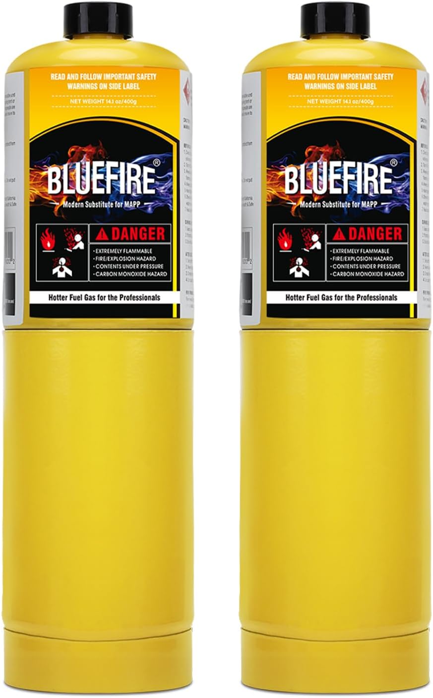 BLUEFIRE (2) 14.1 oz Modern MAPP Gas Cylinder 99.9% High Purity Propylene Equal to MAP-PRO Hotter than Small Propane Tank Torch Fuel Various Packages Available MAP GAS Cylinder Torch Kit Pack of 2