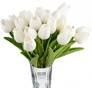 Artificial Tulips Bridal Wedding Festival Decor Bouquet Real Touch PU Flower Bouquet Pack of 20 (White)
