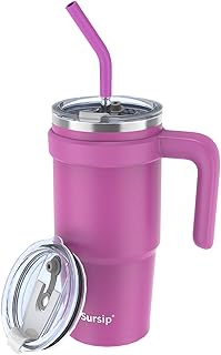 Sursip 24 oz Insulated Tumbler with Handle, Double Wall Vacuum Stainless Steel Cup with Straw and 2 Lids, For Cold/Hot Drinks, Leak Proof, Coffee Travel Mug for Car/Home/Office/Party/Camping (Claret)