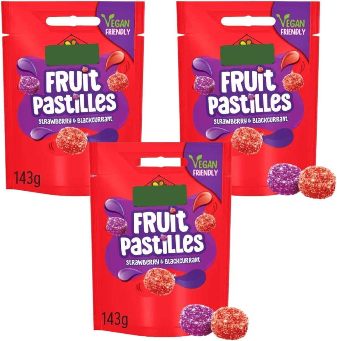 Rowntree's Fruit Pastilles Strawberry & Blackcurrant Sweets Sharing Bag, Chewy Fruit Flavoured Sweets, 143g (Pack of 3)
