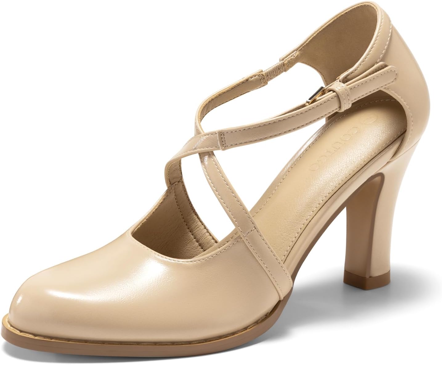 Coutgo Womens Chunky High Heels Dress Shoes Closed Pointed Toe Cross Strap Buckle Pumps Vintage D'Orsay Party Shoes