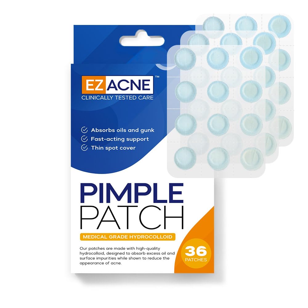 EZACNE™ Pimple Patches for Face - Thin Medical-Grade Hydrocolloid Acne Patches for Zits and Blemishes, Spot Treatment Stickers for Face and Skin, Tapered Edges to Blend Into Skin (36 Count)