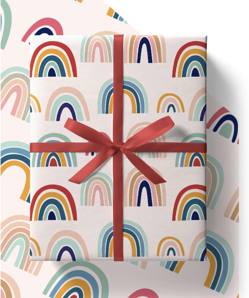4 x Rainbow Wrapping Paper - HUGE 43% BIGGER [84cm x 60cm] Premium Eco Gift Wrap for Birthday, New Baby, Christening, Kids, Boys, Girls, Teachers, Men and Women (4 Sheets & 4 Tags)