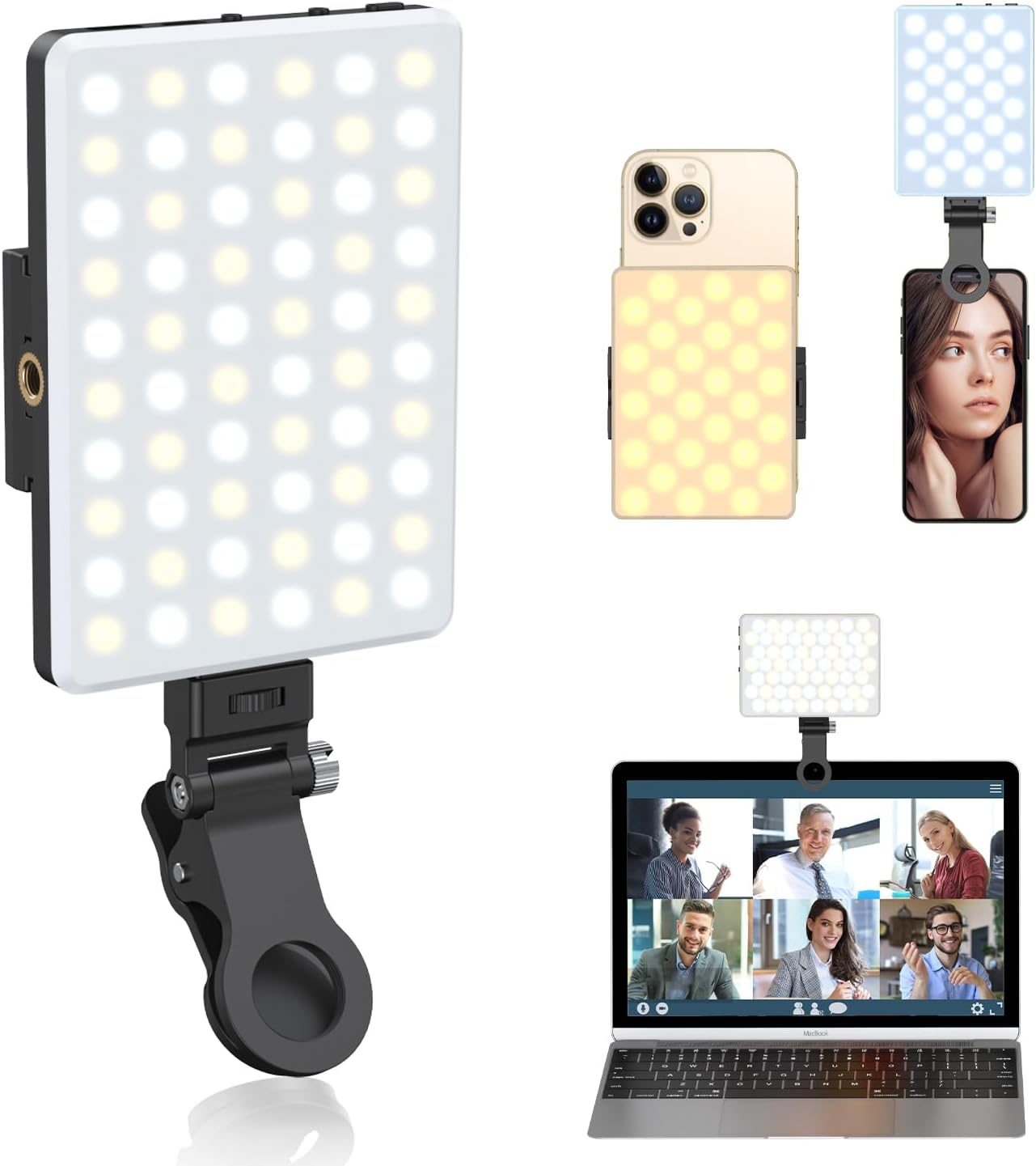 Selfie Light, Phone Light with Front & Back Clip, 60 LED Portable Light with 3 Light Modes, 5000mAh Rechargeable Video Light for Phone, iPhone, IPad, Laptop, TikTok, Makeup, Live Stream, Vlog