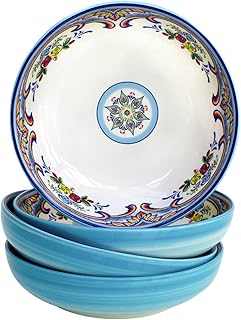 Euro Ceramica Zanzibar Collection Pasta Bowl Sets, Set of 4, Spanish Floral Design, Multicolor Blue