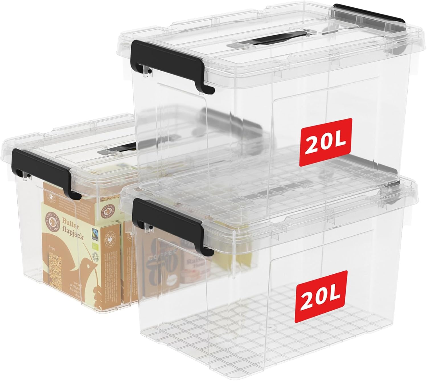 Cetomo 20L*3 Storage Boxes, Carry Plastic Storage Box with Lids, Organizing Container with Handle and Secure Latching Buckles, Stackable, Nestable, Tote Bin for Home Office Clothes, 20L-3Pack, Clear