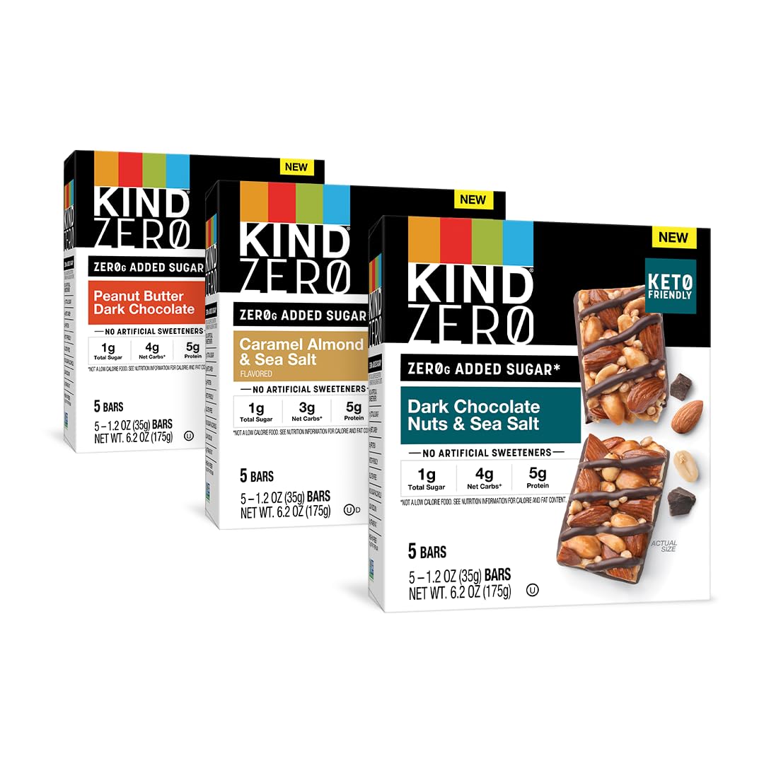 KIND ZERO Added Sugar Bars, Variety Pack, Dark Chocolate Nuts & Sea Salt, Caramel Almond & Sea Salt, Peanut Butter Dark Chocolate, Keto Friendly Snacks, Gluten Free, 5g Protein, 15 Count