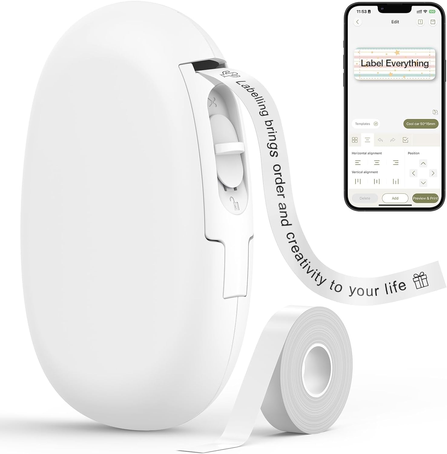 SUPVAN E10 Bluetooth Label Maker Machine with Tape, Continuous Waterproof Label, Versatile App with 35 Fonts and 1k+ Icons, Inkless Labeler for Home, Kitchen, School, Office Organization, White