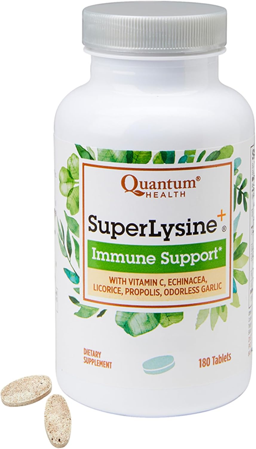 Quantum Health SuperLysine+ Advanced Formula Immune Support Supplement Lysine 1500 mg, Vitamin C Echinacea Licorice Bee Propolis & Odorless Garlic Daily Wellness Blend for Women & Men - 180 Tablets