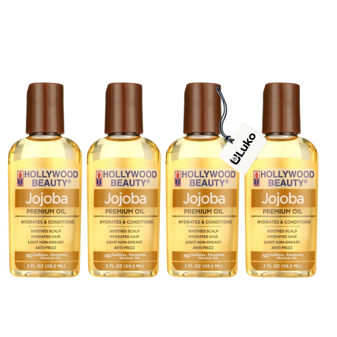 luko Hollywood Beauty Jojoba Oil, Aceite para el cabello, moisturizes, softens and nourishes scalp and hair strands, ideal for all hair types and perfect for daily hair care routines (4 pack)