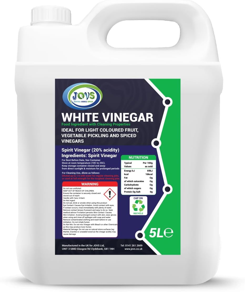 JOVS High-Strength White Vinegar | 20% Acidity | 5L | 4x Stronger Than Regular Vinegar | Natural Weed Killer, Tough Stain Remover, Cleaning & Gardening Essential | Industrial & Food Grade.
