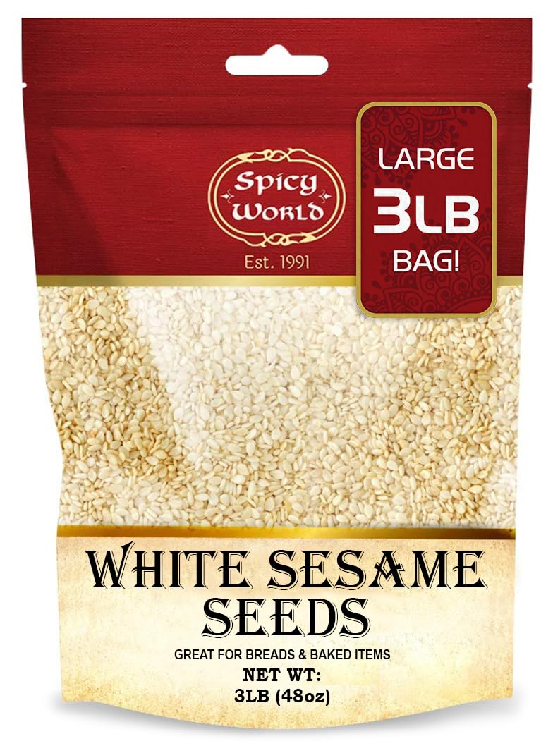 Spicy World White Sesame Seeds 3 LB Bag - Natural, Raw, Hulled, Non-GMO, Bulk Resealable Bag