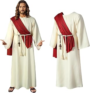 Jesus Adult Costume Mens Jesus Robe Bible Religious Christ Costume Includes Red Scarf Waist,Lanyard, a crucifix