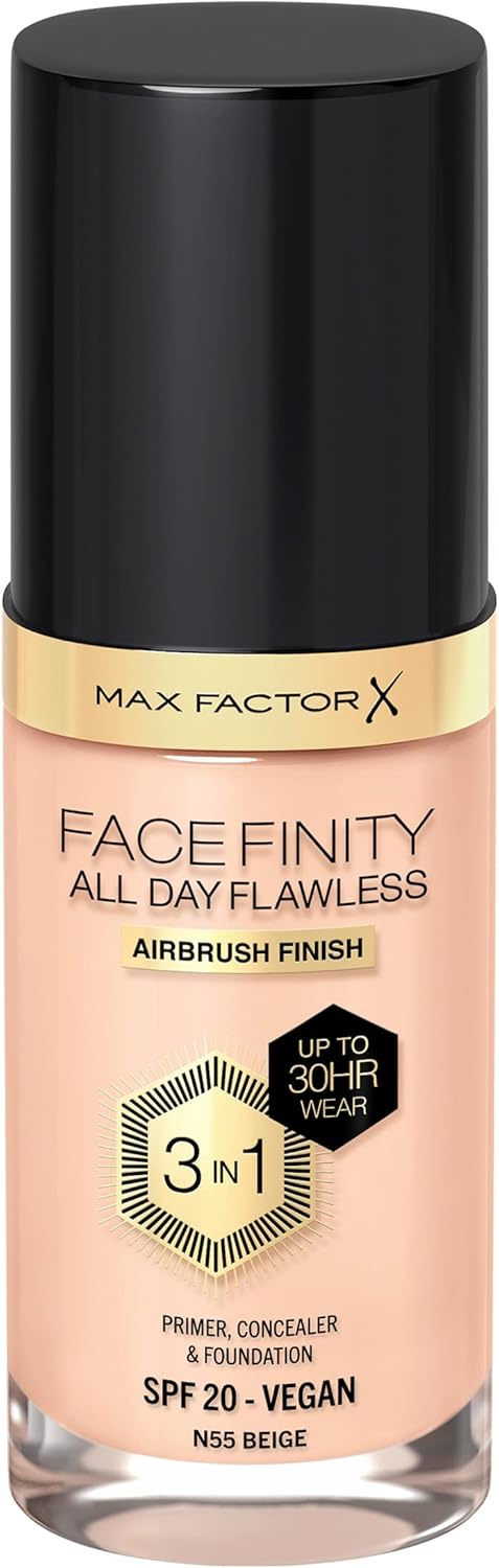 Max Factor Facefinity 3-in-1 All Day Flawless Liquid Foundation, SPF 20 - 55 Beige (Packaging May Vary)