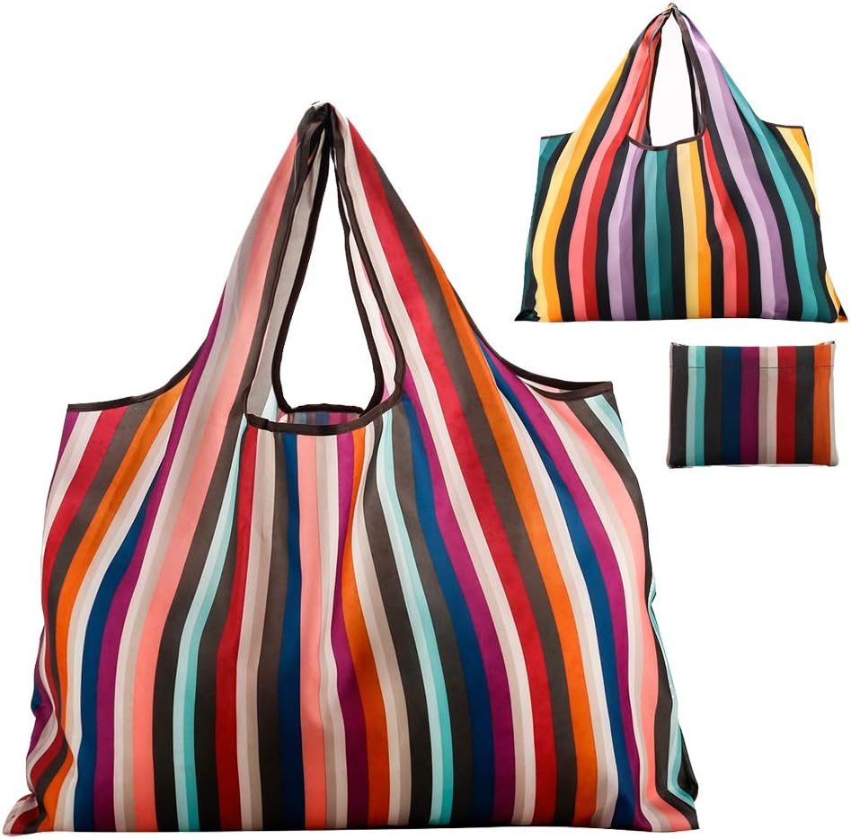 JISEN Reusable Grocery Bags 2 Packs Large Nylon Washable Foldable Eco Friendly Heavy Duty Shopping Tote Bag Fits in Pocket New Rainbow