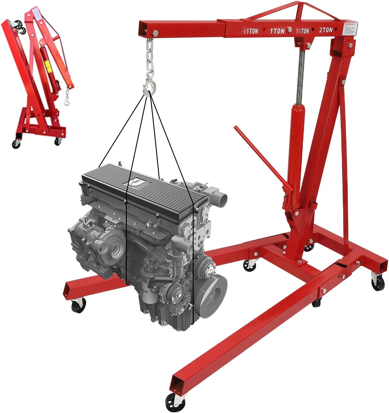 2 Ton Folding Engine Hoist Cherry Picker, Heavy Duty Carbon Steel Hydraulic Shop Crane with 6 Casters, Adjustable Lifting Height up to 6.89ft for Car Repairs and Garage Use (Red)